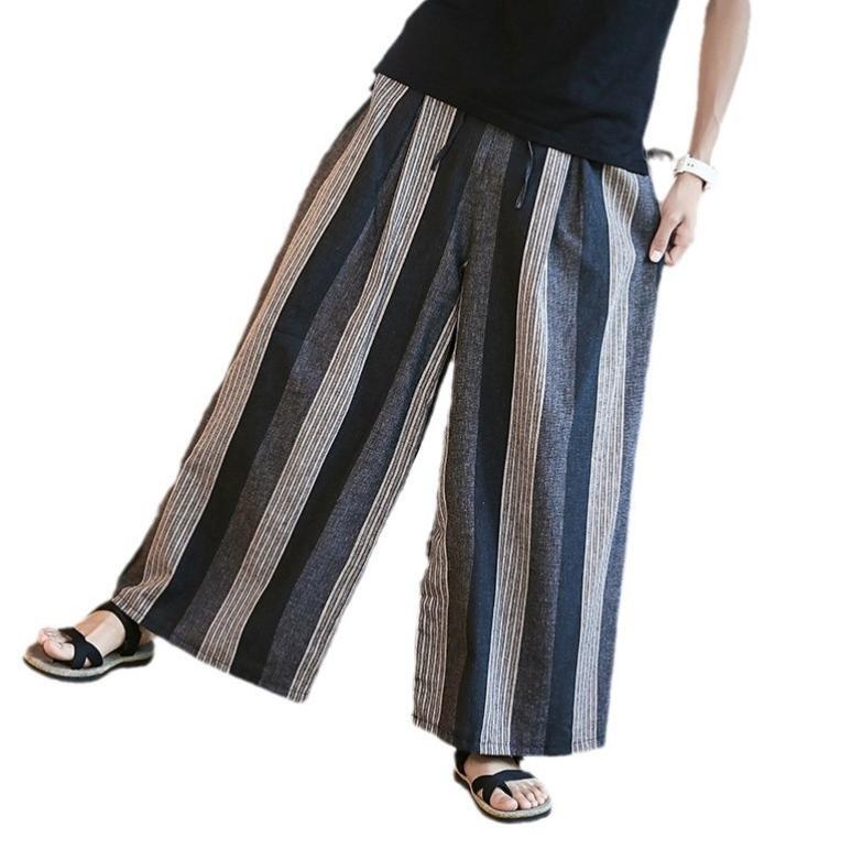 Summer Men's Linen Blend Pants Striped Straight Slacks Trousers Wide Leg Casual
