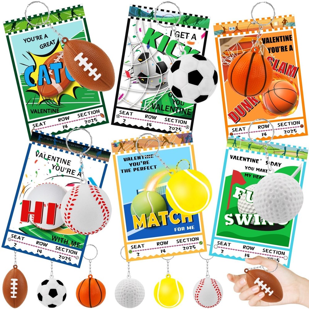 36 Pack Valentines Sports Ball Keychain with Valentines Day Cards for kids Sc...