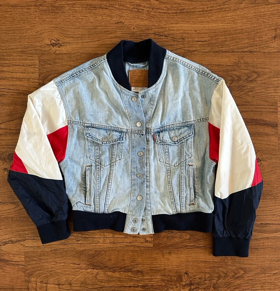 LEVI'S Premium Denim Bomber Blue/Red/White Jacket Snap Up Women's S Super RARE