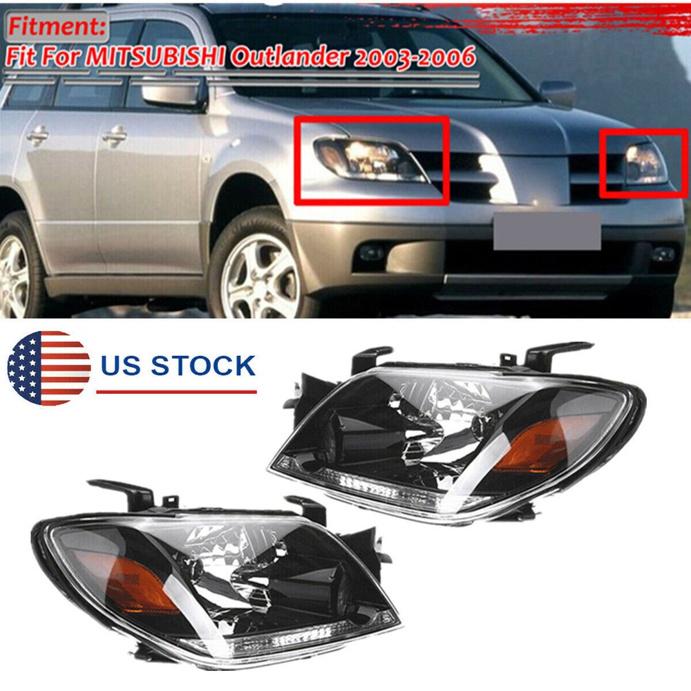 2 x Front Headlight Headlamp Assembly w/Bulb For Mitsubishi Outlander 2003-2005