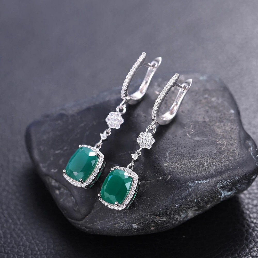Natural 4.43Ct Green Agate Gemstone 925 Sterling Silver Drop Earrings for Women
