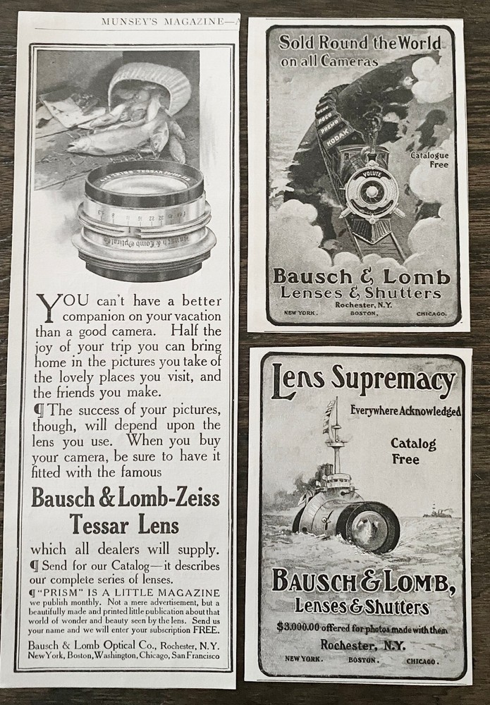 1900s BAUSCH&LOMB Vtg Print Ads~Photography Camera Lens Zeiss Tessar Train Ship