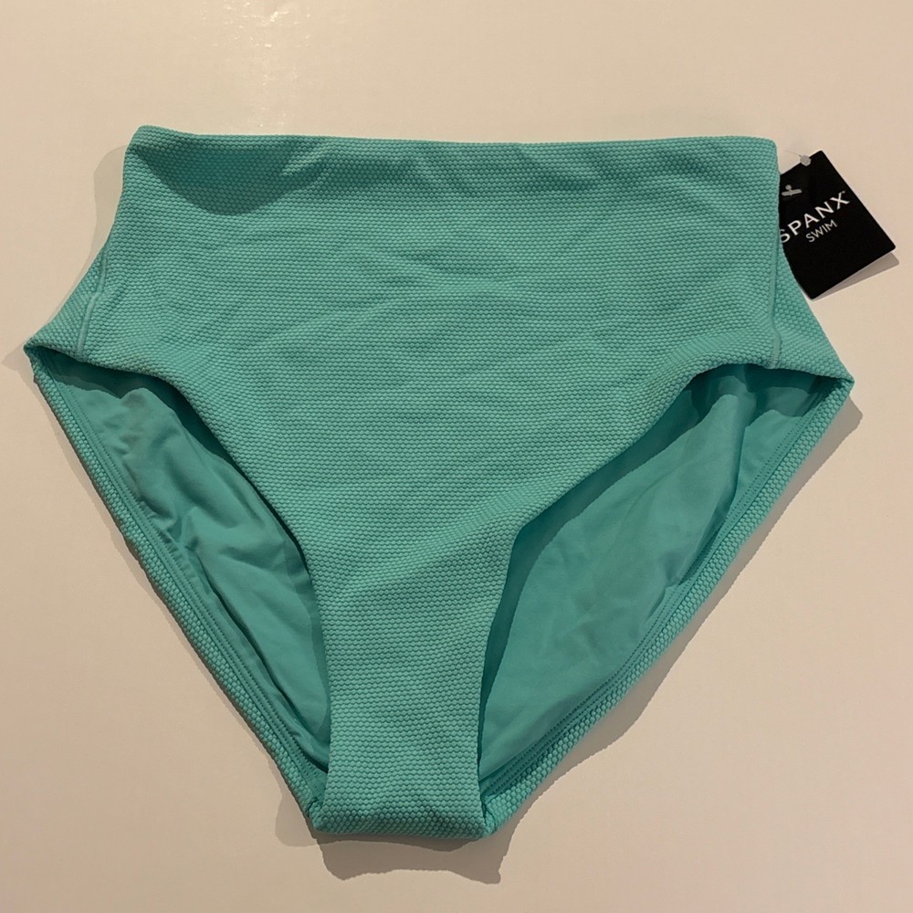 Spanx Pique Hi-Rise Shaping Cheeky Swim Bottoms Trop Turquoise 50392R Sz Small