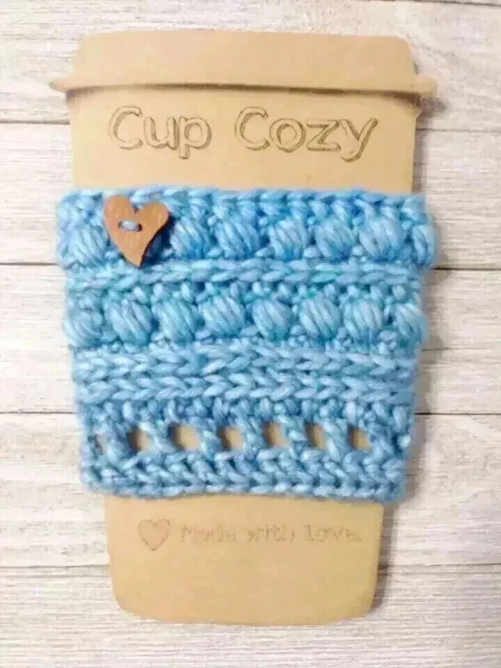 handmade crochet coffee cup cozy drink sleeve heart button blueberry blue