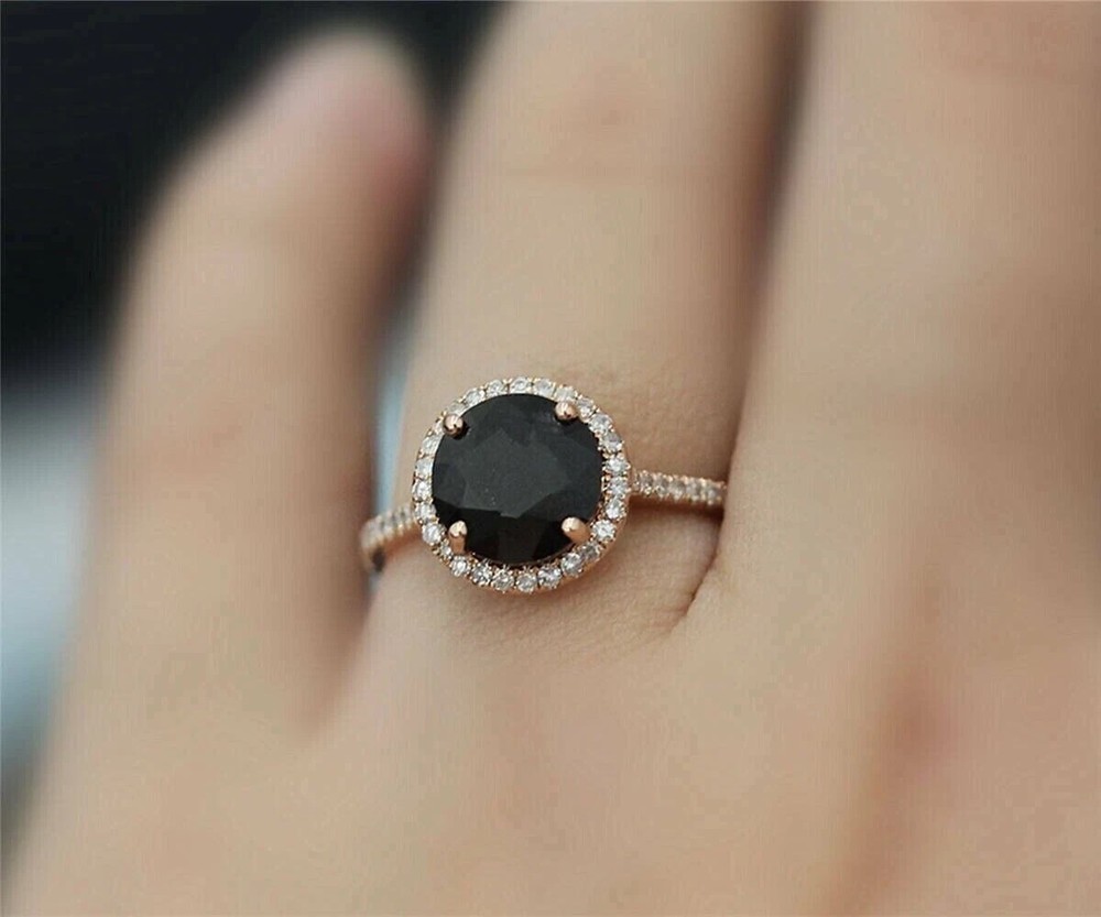 2Ct Round Simulated Black Diamond Engagement Halo Ring In 14K Rose Gold Plated