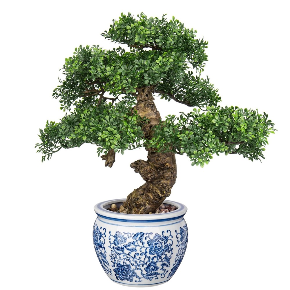 17-Inch Artificial Bonsai Tree with Blue Accents for Home Decor