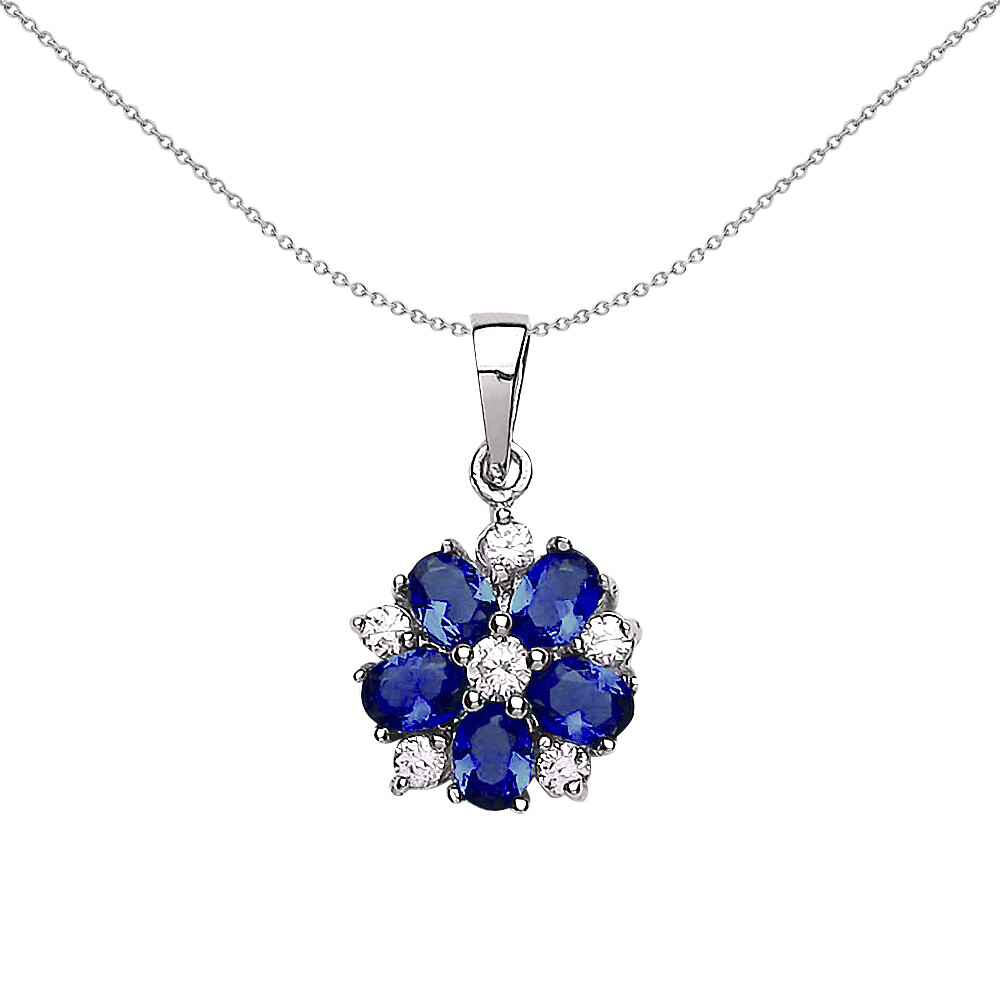 Silver Jewelco London Blue Oval CZ Tudor Rose Flower Pendant Necklace