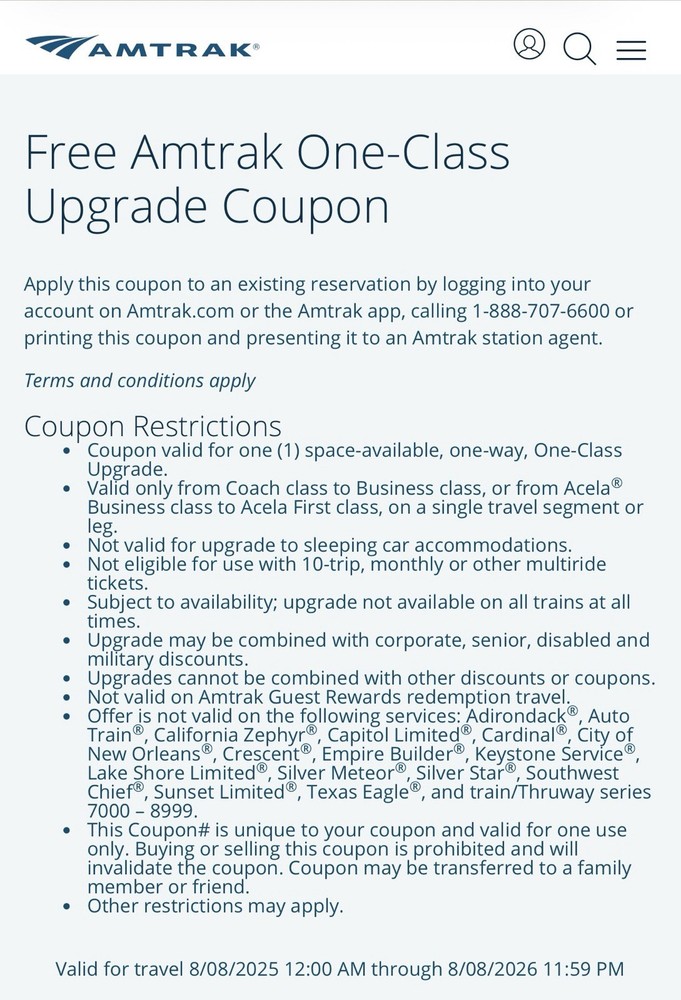 Amtrak 48 Hour One-class Upgrade Coupon - expires 8/8/26- 2 Available-image