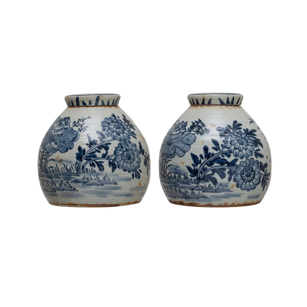 Distressed Stoneware Co-Op Jar with Floral Decorative Prints