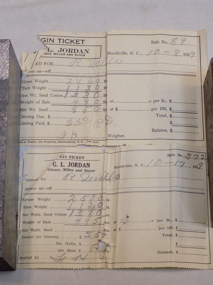 Vintage Cotton Gin Bale Receipt from Rommie Mills GL Jordan Ginner Marshville NC