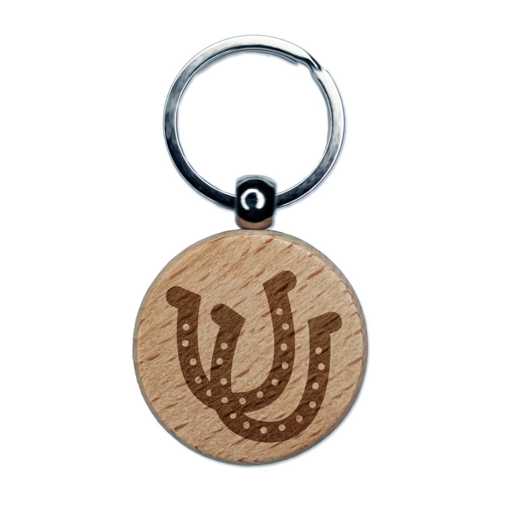 Double Horseshoe Lucky Engraved Wood Round Keychain Tag Charm