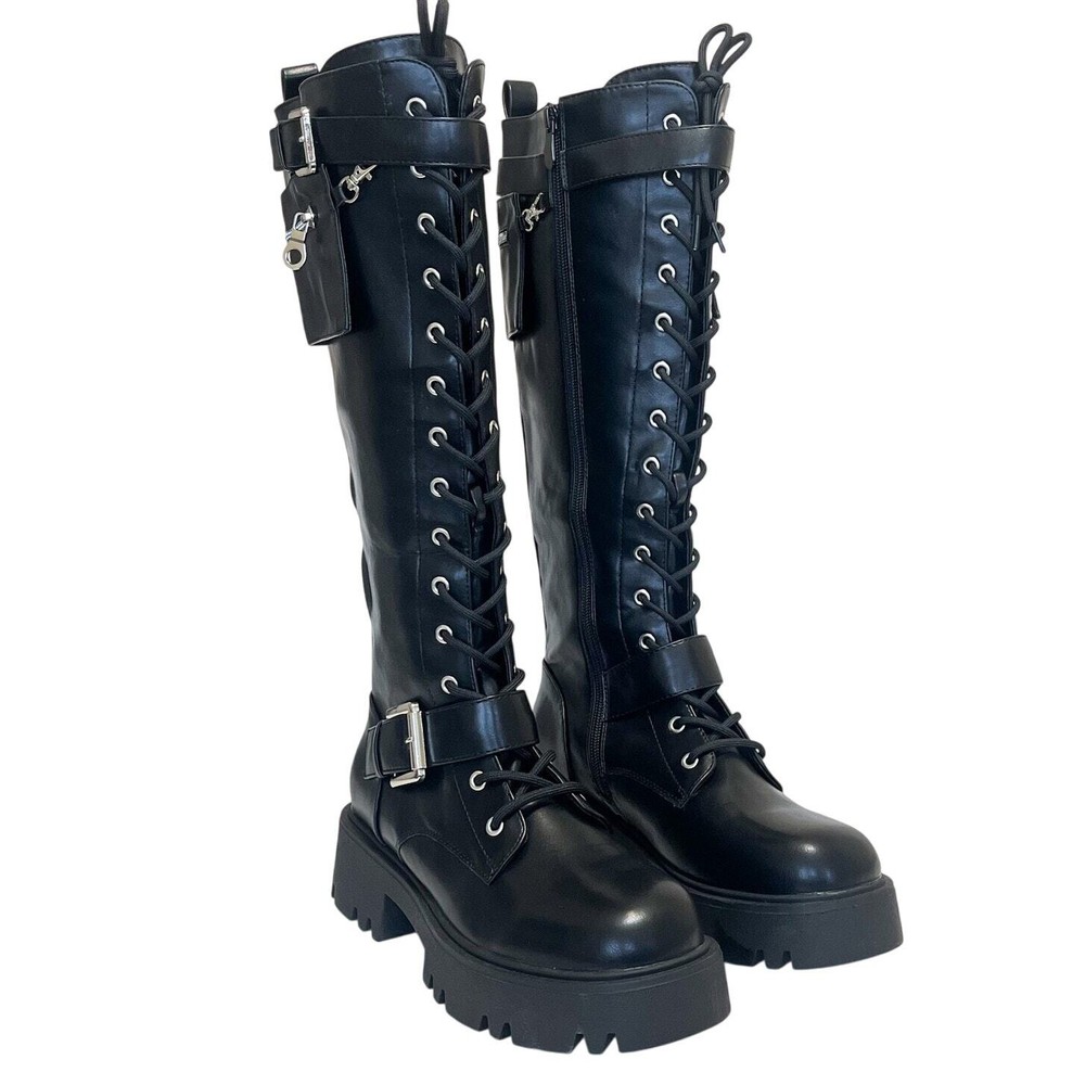 Dream Pairs Black Knee-High Combat Boots Size 9.5 Zip Lace-Up Platform Lug Sole