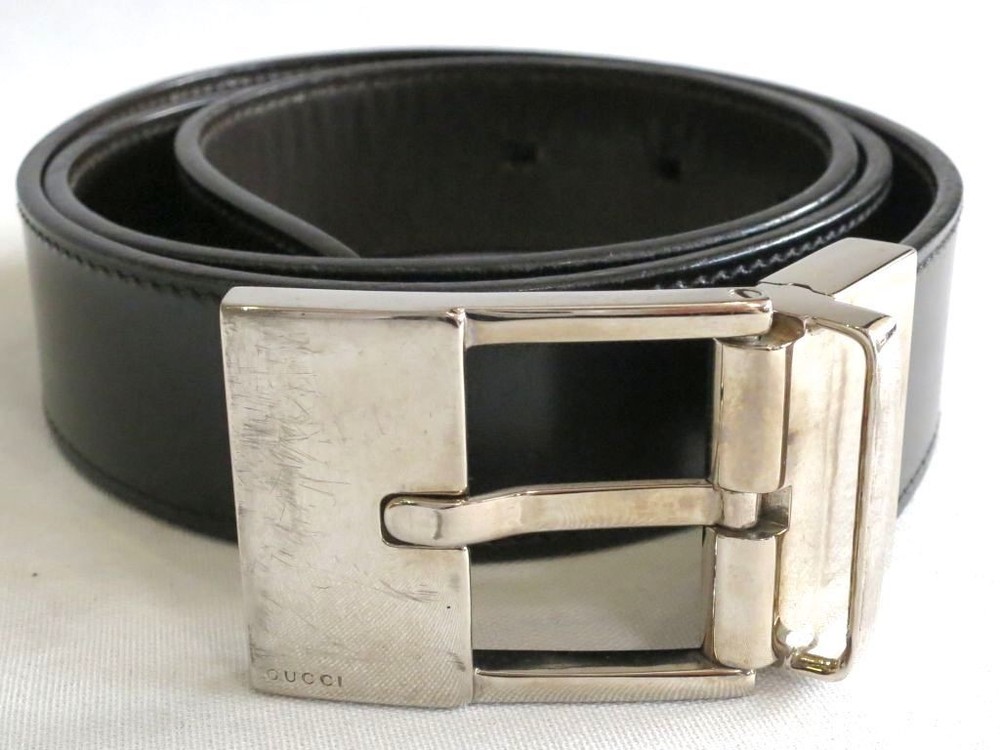 GUCCI leather belt with buckle in black or dark brown silver authentic made in Italy pre-owned