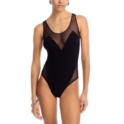Norma Kamali Racer Mesh Swimsuit Women Large Black Sheer Insert $225 NWT