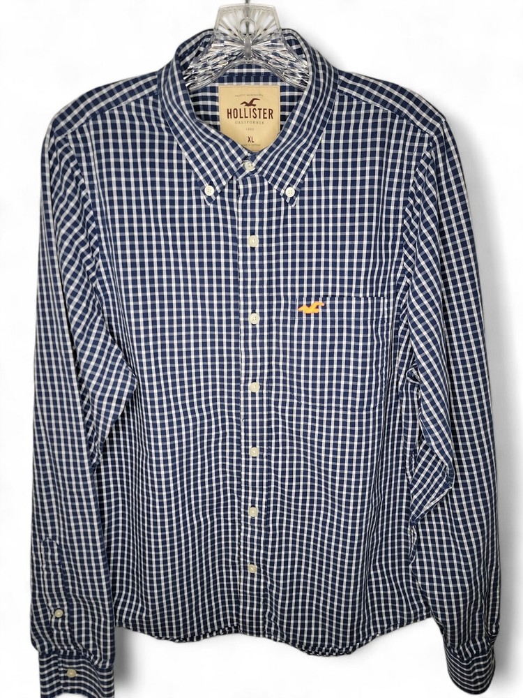 Hollister Cotton Blue And White Plaid Button Down Shirt Men's XL