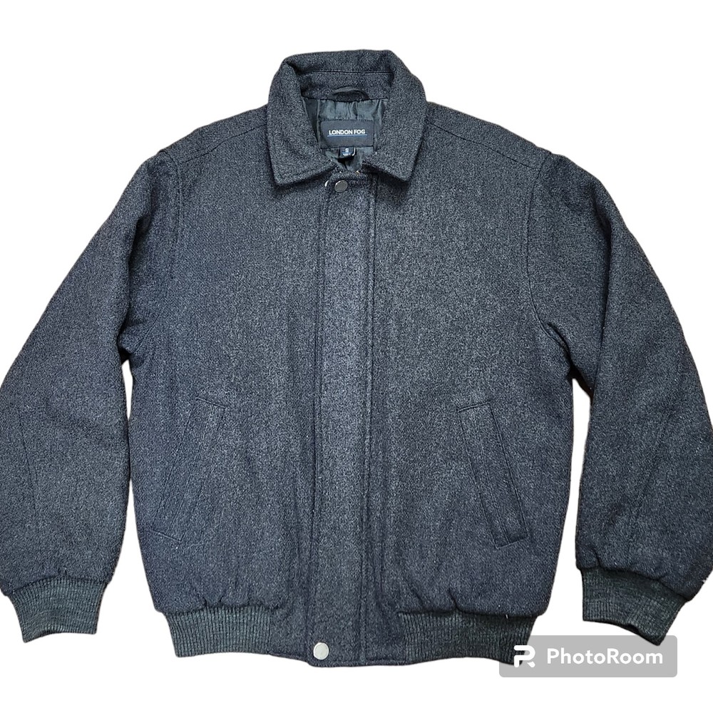 London Fog Mens Small Black Bomber Jacket - Wool Full-Zip Collared Design with Pockets for Casual Wear