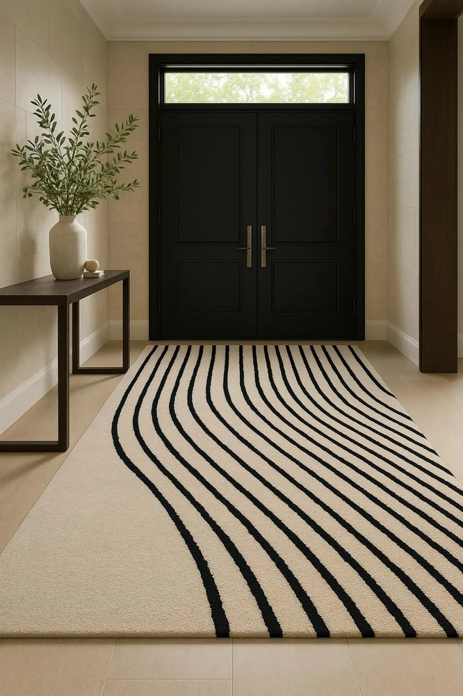New Modern Hand-Tufted Rug in Black Wavy Striped Pattern  White Background with