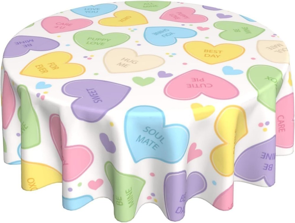 Valentine''s Day Tablecloth Round 60 Inch Candy Colored Love Hearts Valentine De