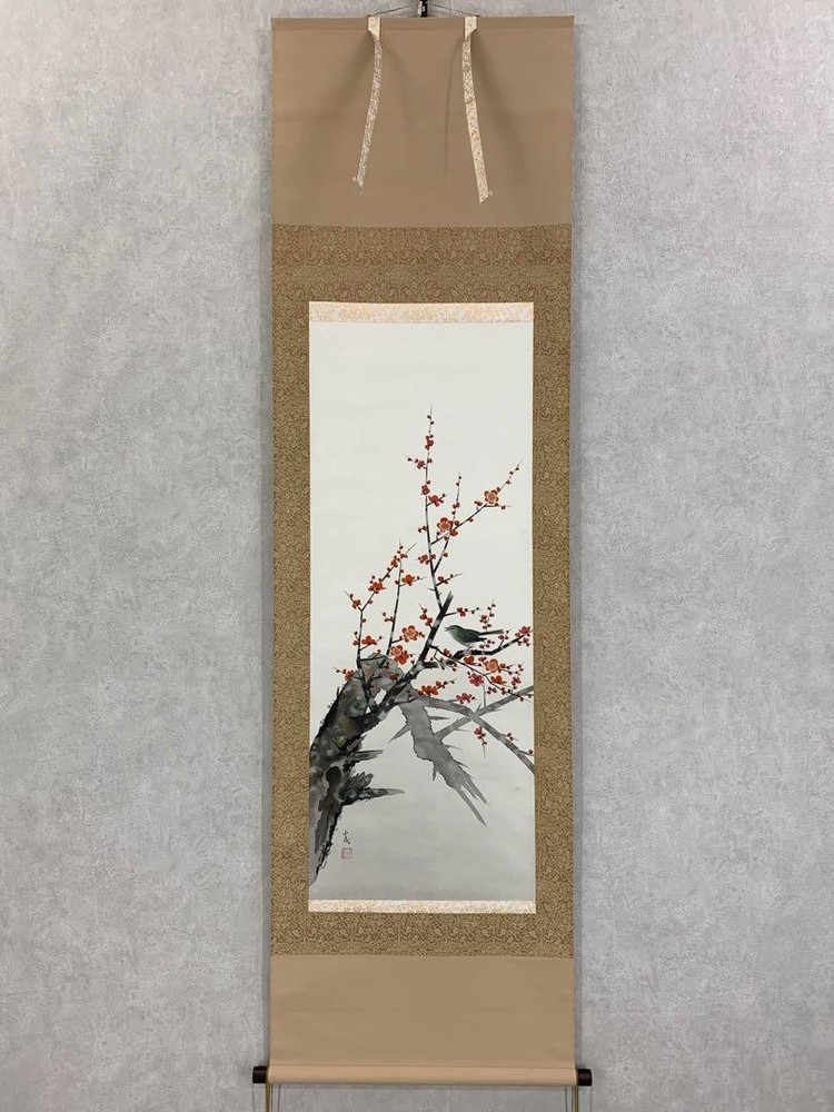 Traditional Japanese Hanging Scroll Vibrant Plum Blossoms & Bush Warbler Artwork