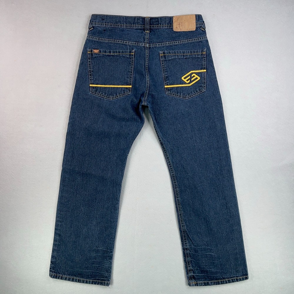 Men's Enyce 34 Blue Baggy Skater Jeans with Yellow Y2K Embroidery