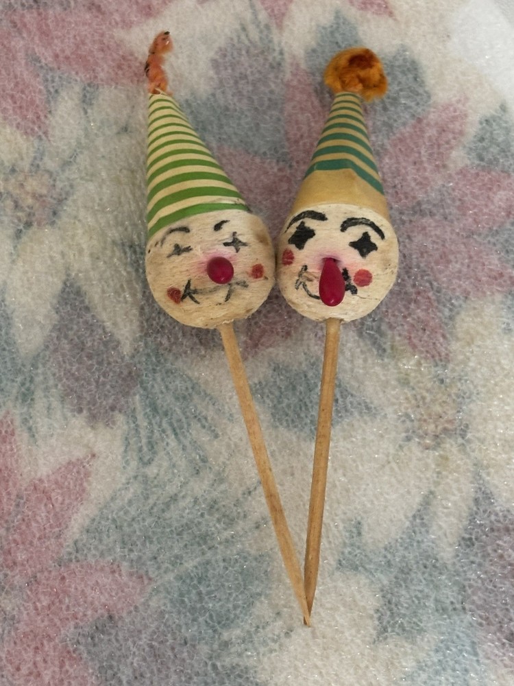 2 Spun Cotton Face  Pixie Elf Clowns Christmas Picks Vintage Japan Rare
