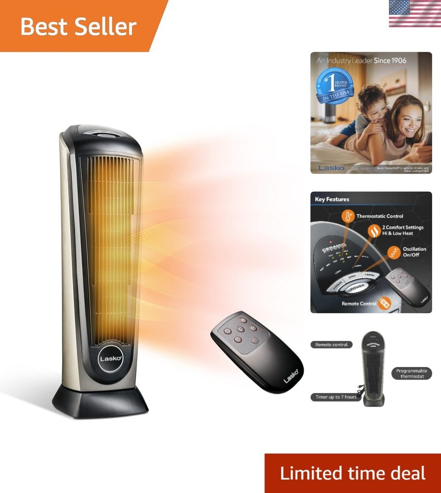 Oscillating Ceramic Tower Space Heater for Home with Adjustable Thermostat, T...