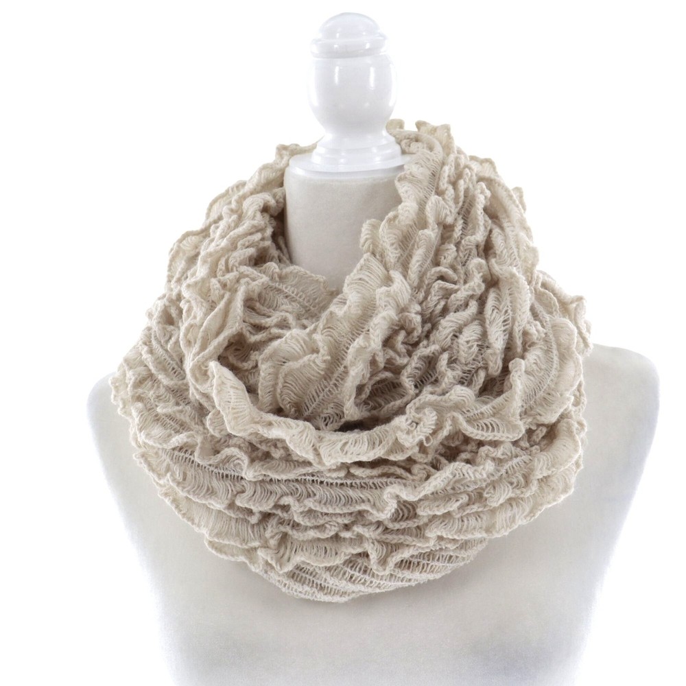 Boho Cream Ruffled Knit Infinity Scarf Hippie Grannycore Cottagecore Style
