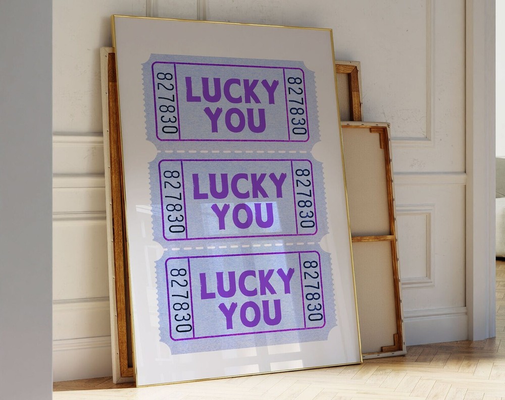 Retro Lucky You Poster Blue Vintage Ticket Wall Art For Trendy Room Decor Wall