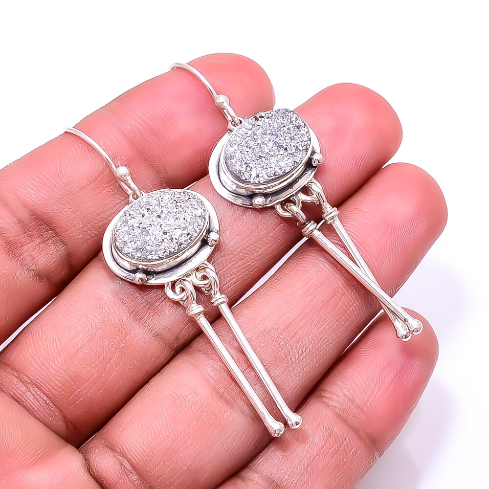 Silver Titanium Agate Drusy Designer 925 Sterling Silver Earring 2.22