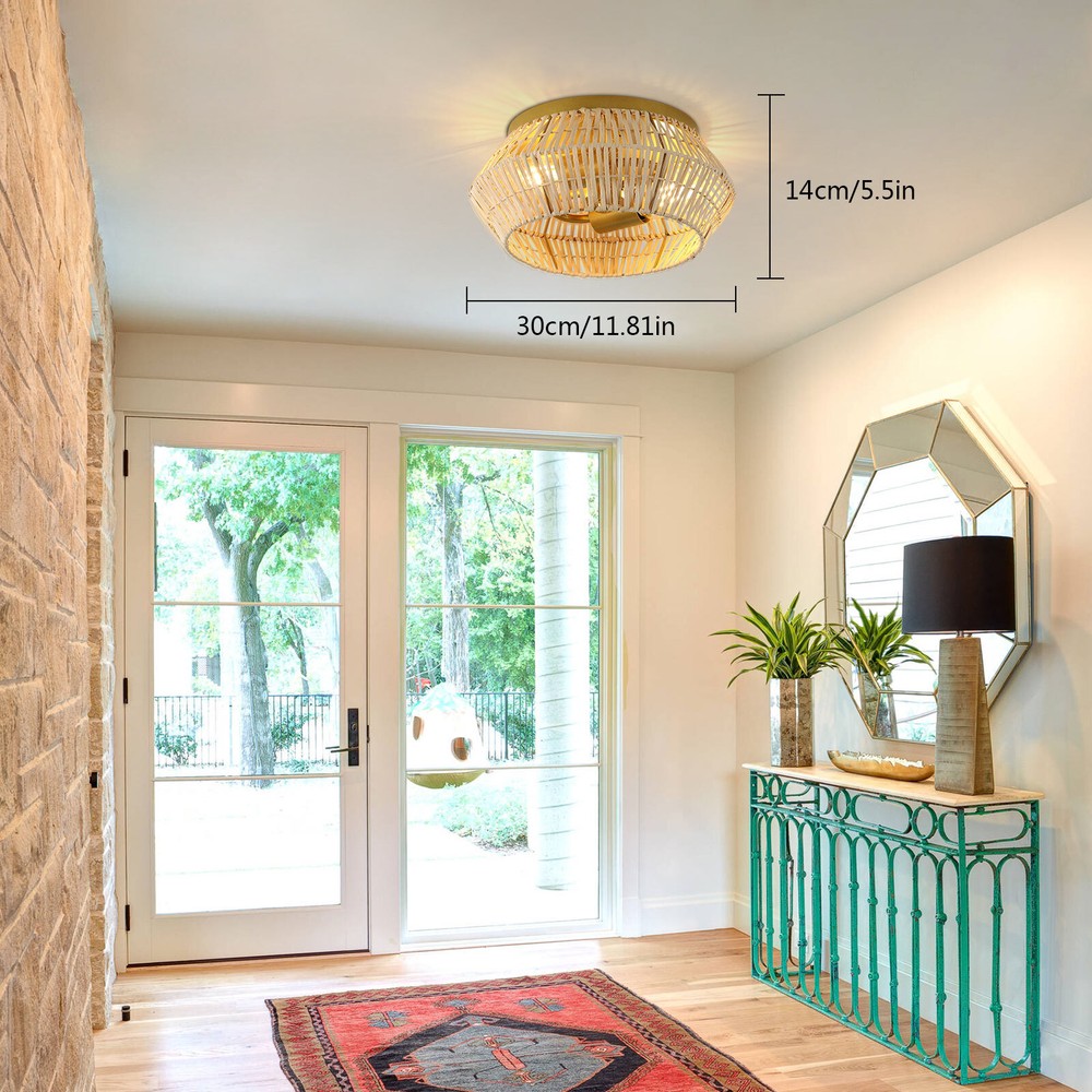 Vintage Woven Rattan Ceiling Light Farmhouse Pendant Lamp Dining Room Chandelier