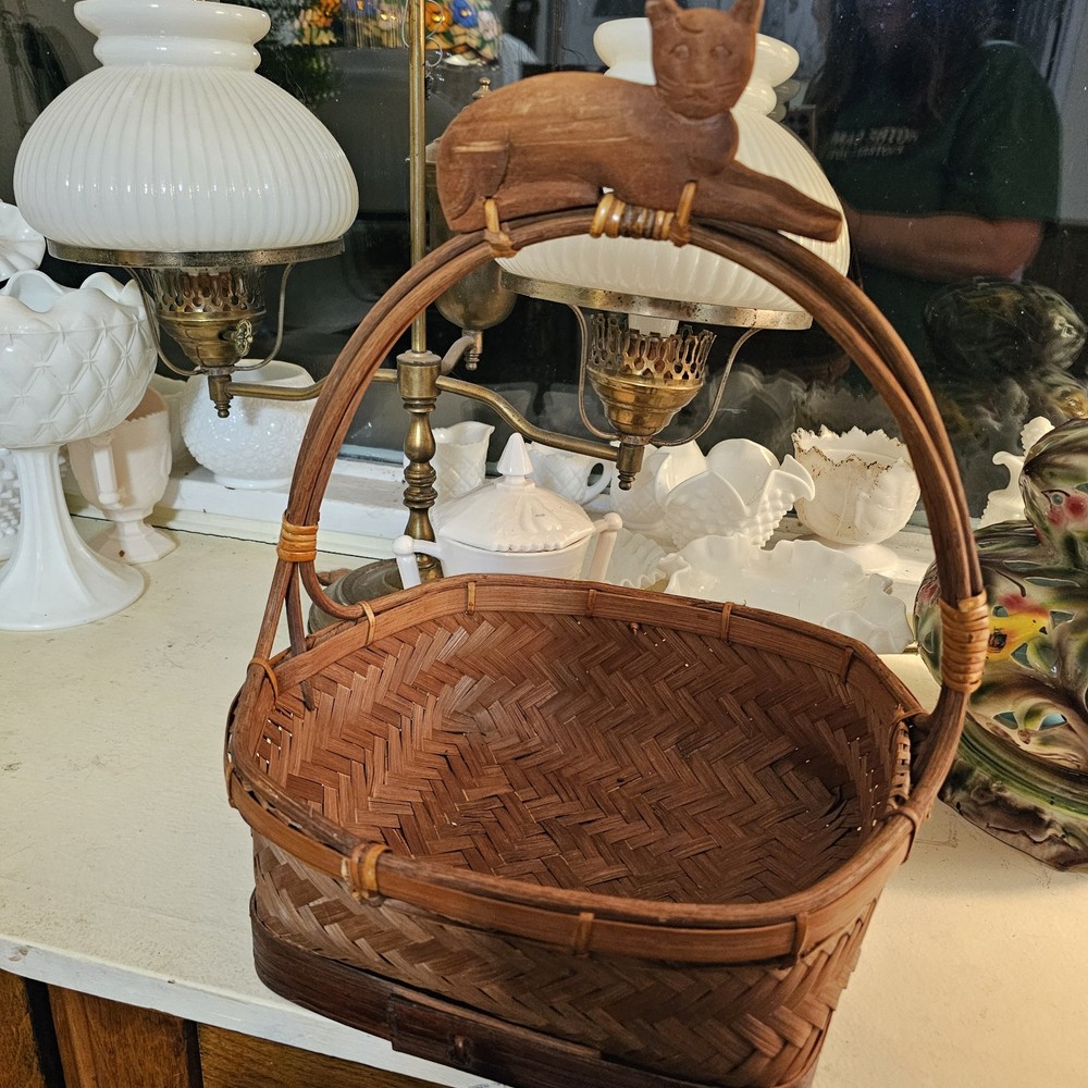 Handcarved Wooden Cat On Vintage Woven Wicker Basket Philippines