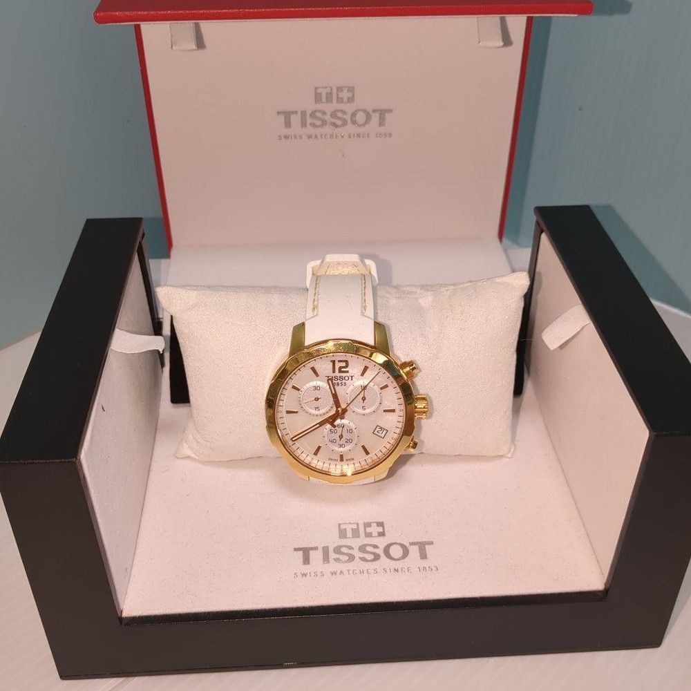 TISSOT QUICKSTER T095417A Mens Gold Quartz Watch 41.5mm Leather Strap