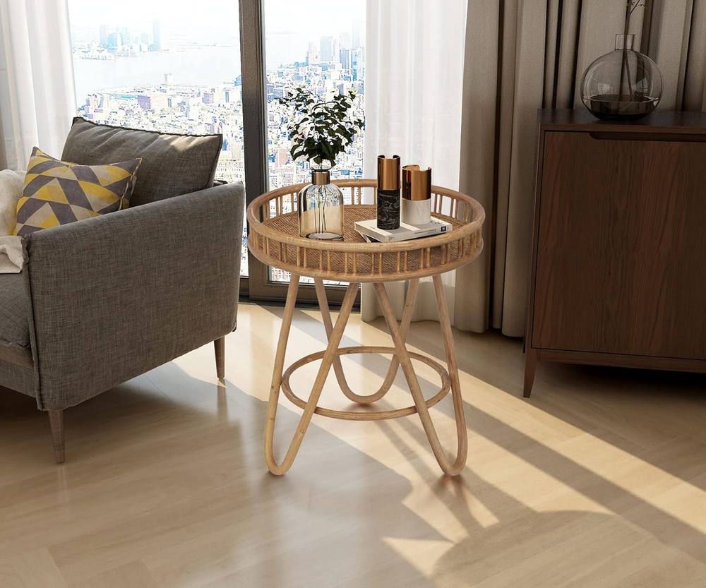 Rattan Side Table with Wicker Tray Top 20X23'', Boho Hand-Woven End Table, Sm...