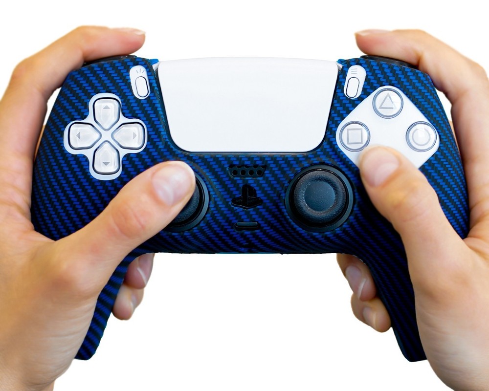 Blue Carbon Fiber Silicone Case Skin for PS5 DualSense Controller ProFlex Grip