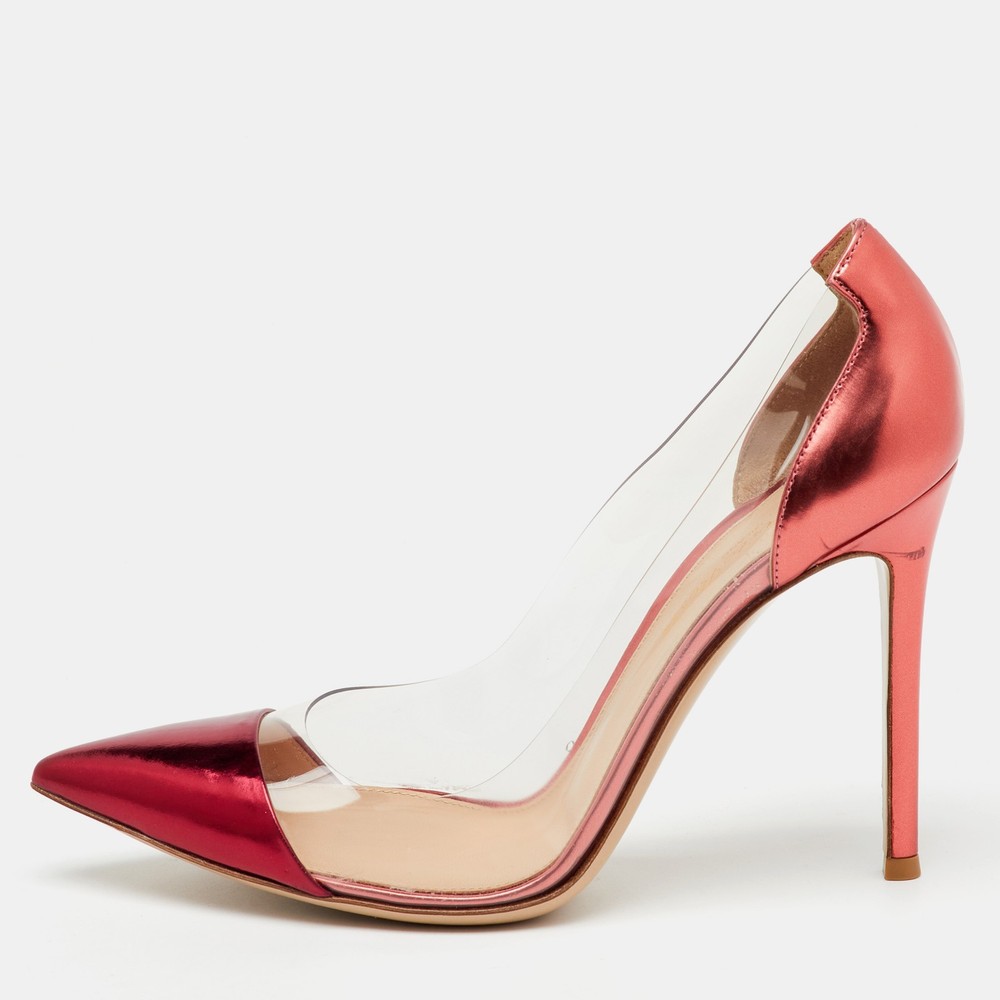 Gianvito Rossi Burgundy Metallic Leather PVC Plexi Pointed Toe Pumps