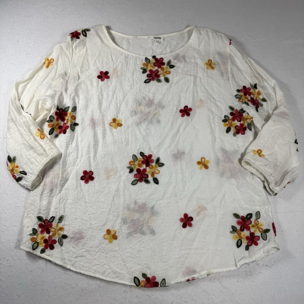 Anthropologie Kindred Women’s XL White Floral Embroidered 3/4 Sleeve Top