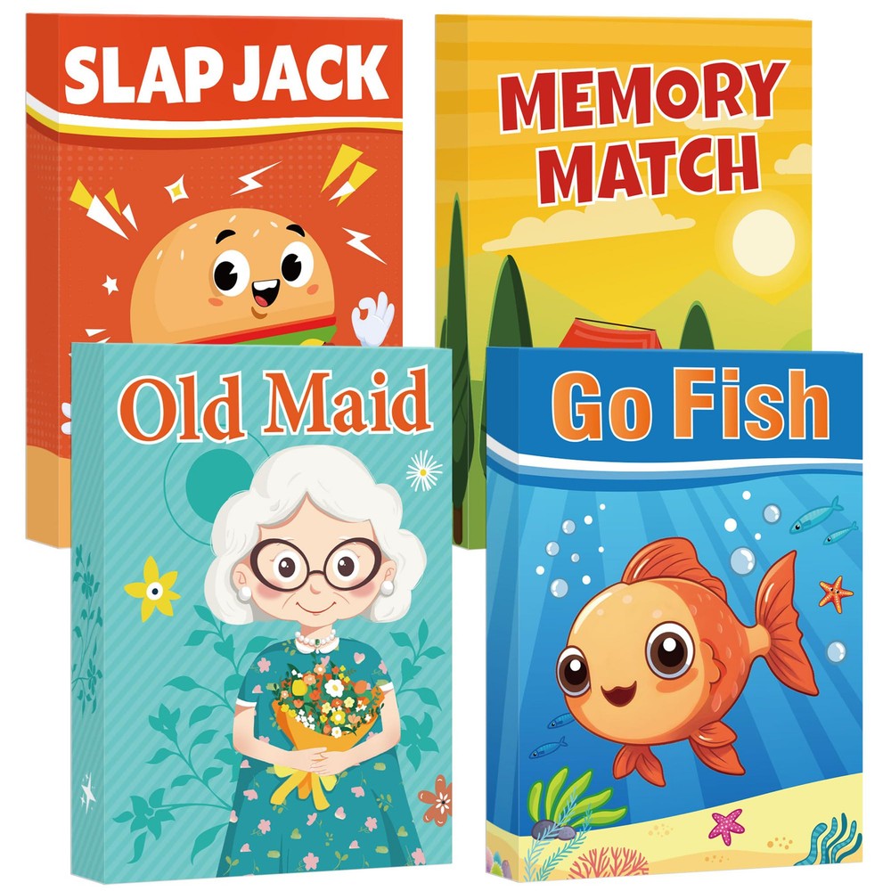 Card Games for Kids Toddlers,Go Fish,Old Maid,Slap Jack and Memory Match,4 De...