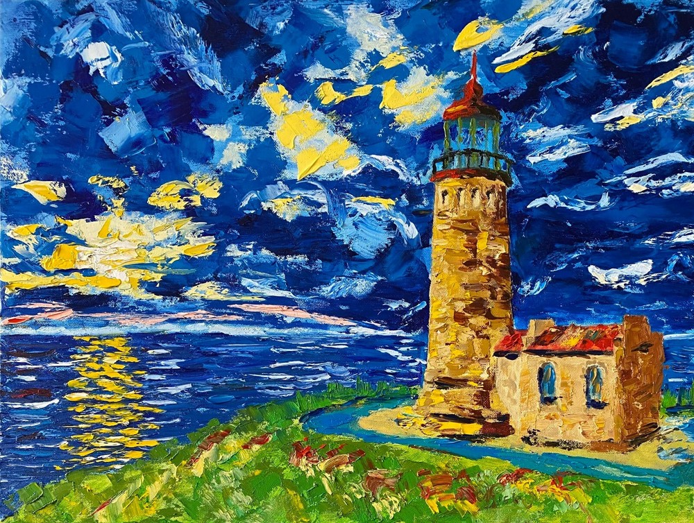 Beautiful Oil Painting ORIGINAL. Impressionist Painting Lighthouse Handmade Art