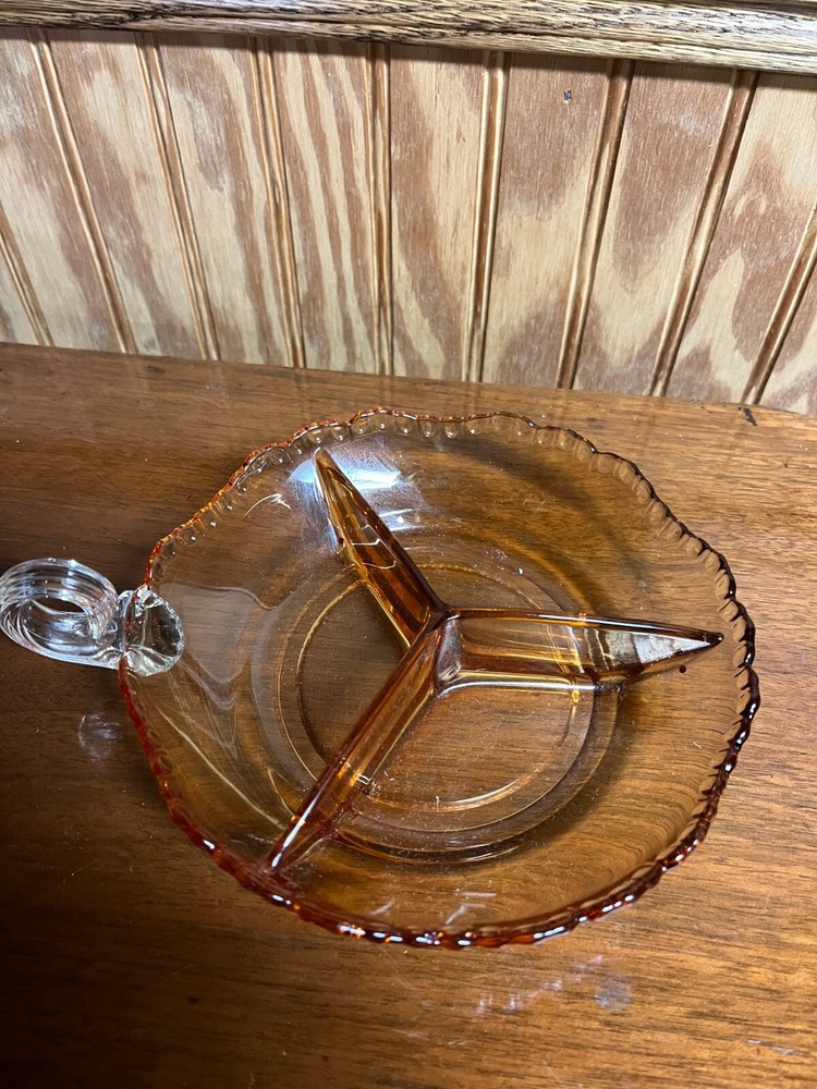 vintage amber divided relish dish with finger handle