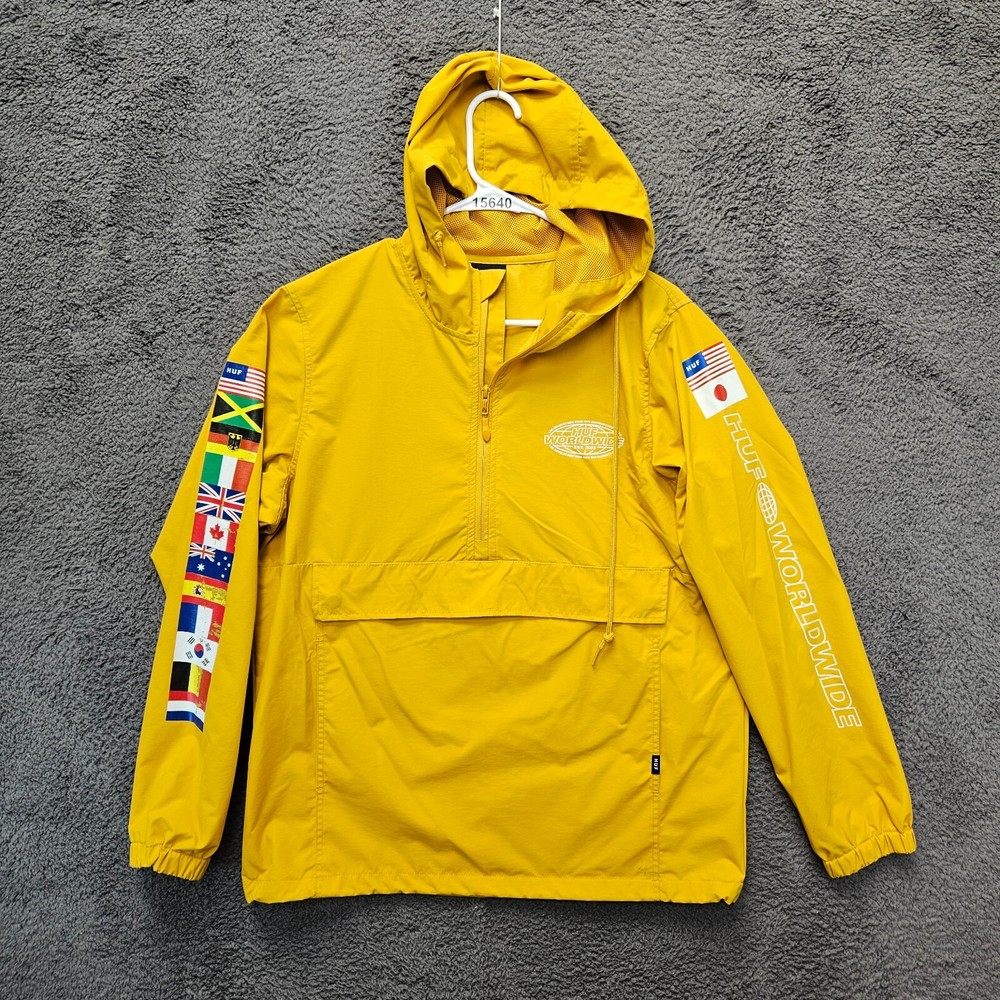 HUF World Tour Anorak Jacket Adult Small Yellow Hooded Half Zip Pullover