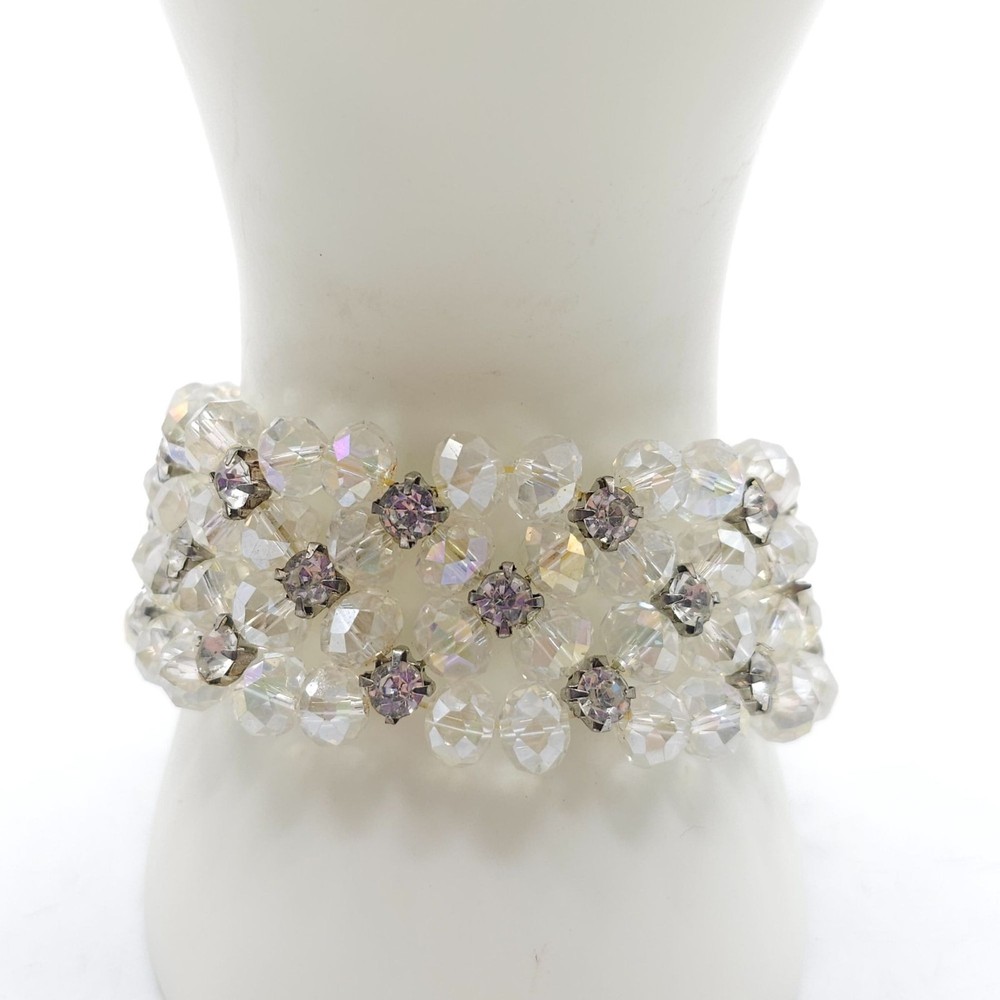Vintage Aurora Borealis Crystal Beaded Stretch Bracelet With Rhinestone Accents