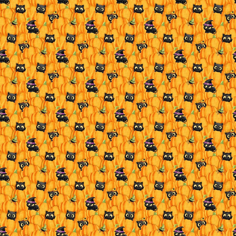 Halloween Fabric by Northcott - Orange Kitty Trouble Pumpkin & Cat Print by the Yard  