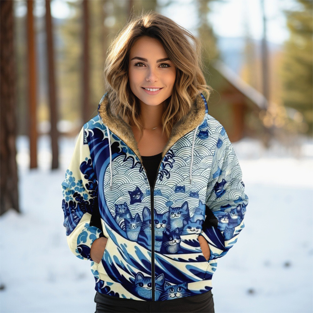 Women Winter Fleece Hoodie Kimono Cat Print Casual Zip Jacket Hoody Sweater