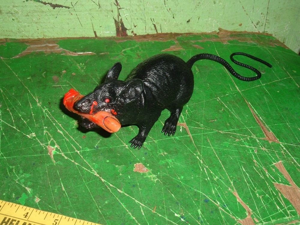 stupid funny  prank rubber rat with bloody finger in mouth / party item gag gift