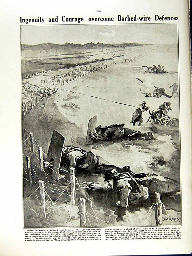 Original Old Antique Print 1915 World War French Siers Mules Barbed-Wire 20th
