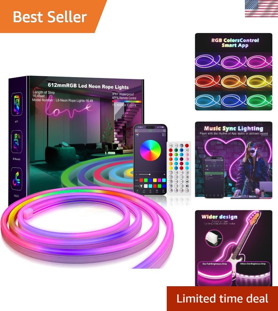 16.4ft RGB LED Neon Rope Light with Remote Control, Smart Color Changing DIY ...