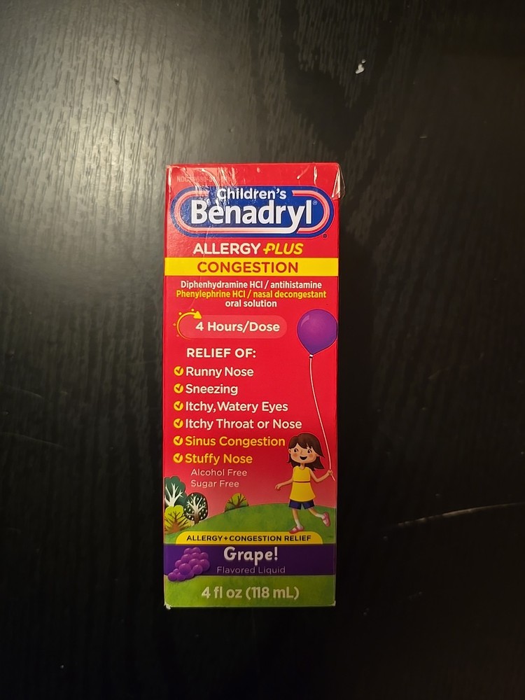 SEALED BOTTLE Children’s Benadryl Allergy Plus Congestion Grape 4oz Box Damaged