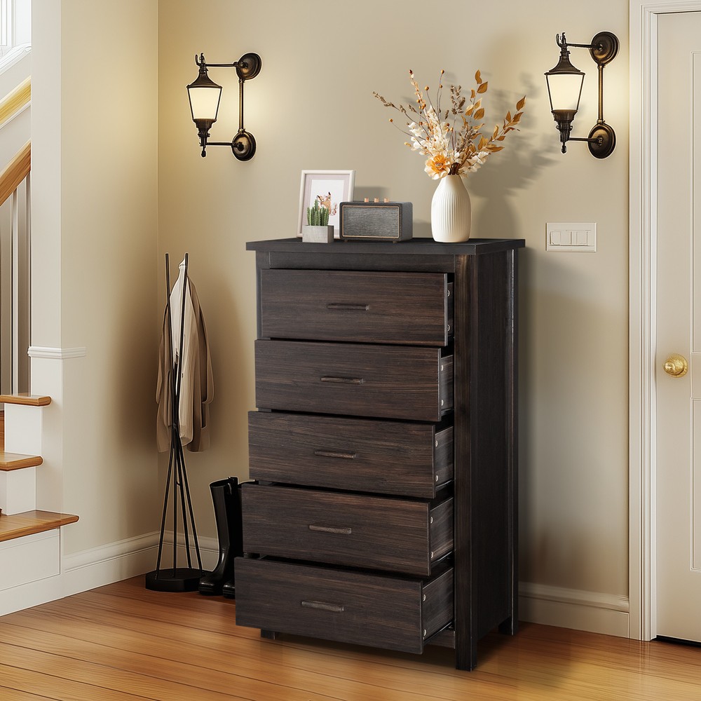 LEADZM 5 Drawer Wood Dresser for Bedroom, Farmhouse Tall Dresser