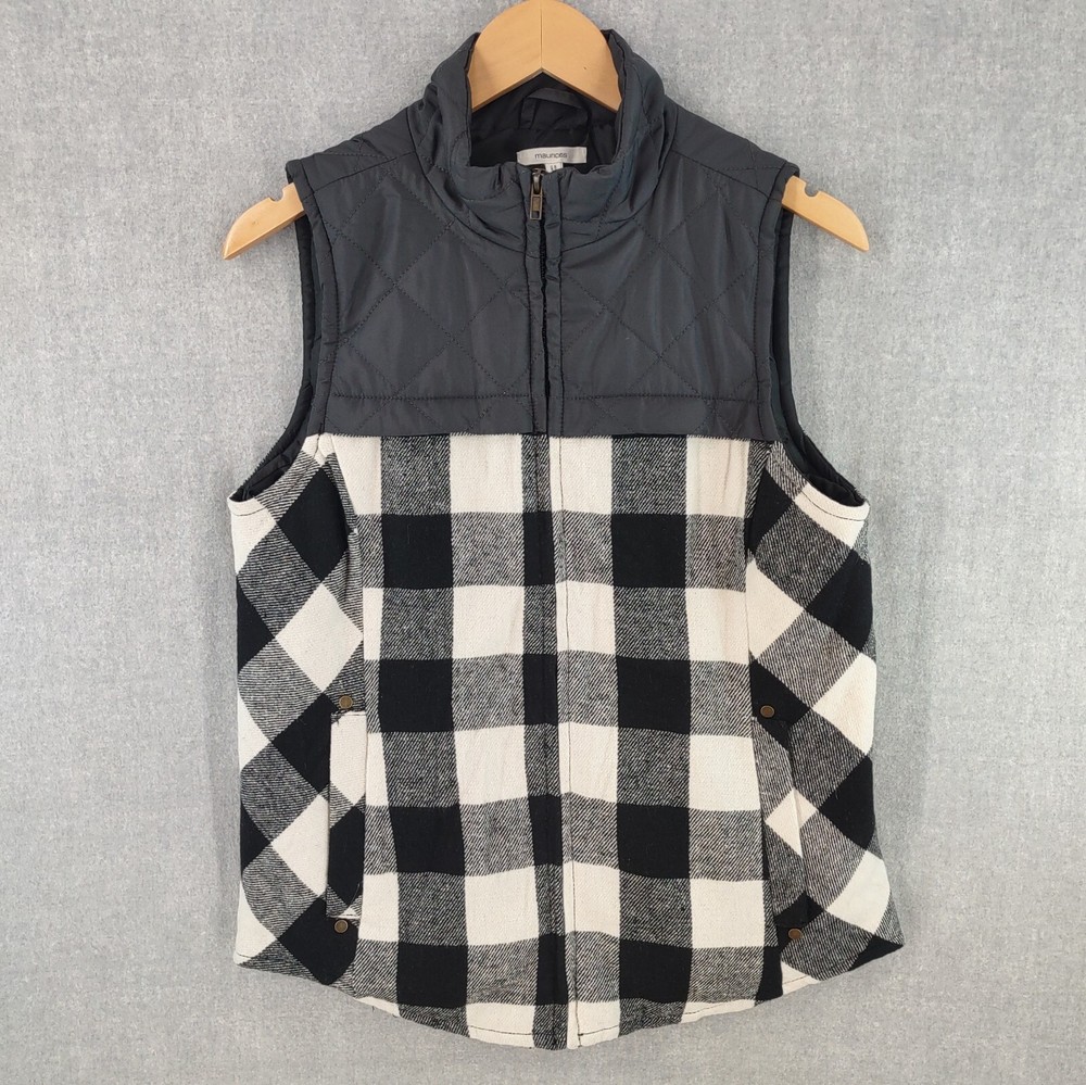 Maurices Jacket Womens Medium Quilted Buffalo Plaid Vest Full Zip Mock Neck Wool