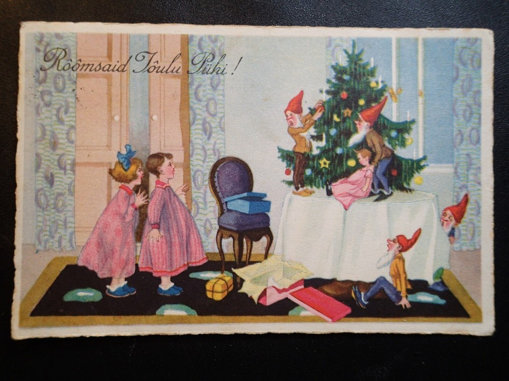 1927 GNOMES with KIDS VINTAGE CHRISTMAS POSTCARD ESTONIA ESTONIAN